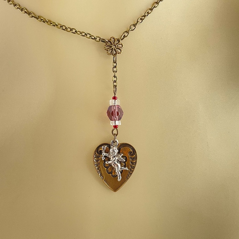 Heart & Cherub Pendant Necklace, Reversible, Victorian Look Lariat